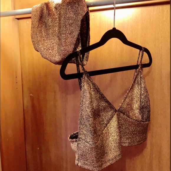 Gold Metallic Set Halter Top and Booty Shorts - Picture 2 of 4